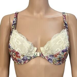 80s VTG Victorias Secret Floral Bra 36C Front Close Lace Trim Underwired Cream